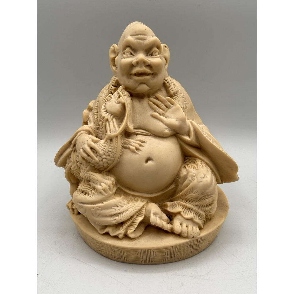 Vintage Laughing Buddha Holding Dragon Sculpture 6"‎